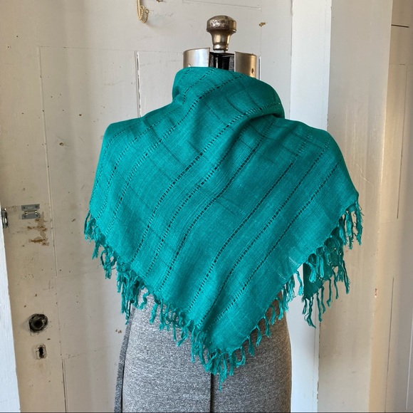 Turquoise Openwork Fringe Rayon Rectangle Scarf - Picture 4 of 11